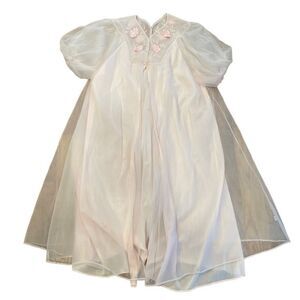 Vtg Womens Pale Pink Chiffon Embroidered Peignoir Housecoat One Size Romantic